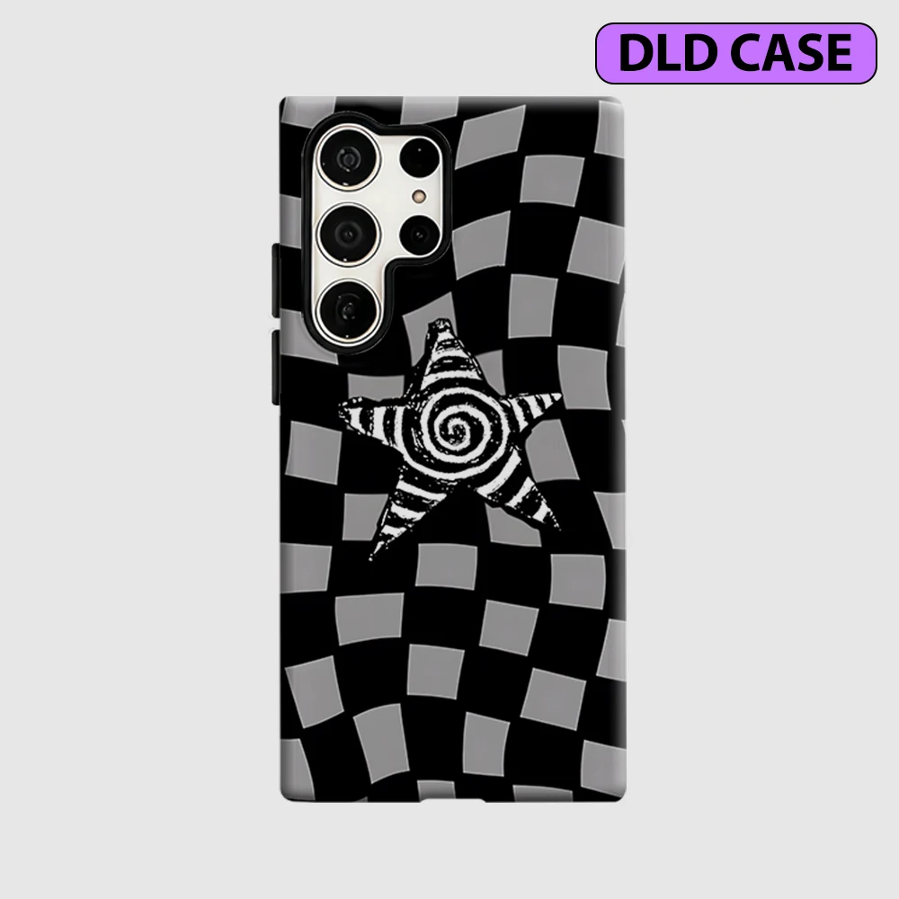 Checkered Star Spiral Phone Case for Samsung Galaxy S26 S25 Ultra S24 S23 Ultra Plus Shockproof Double Layer Tough Back Cover