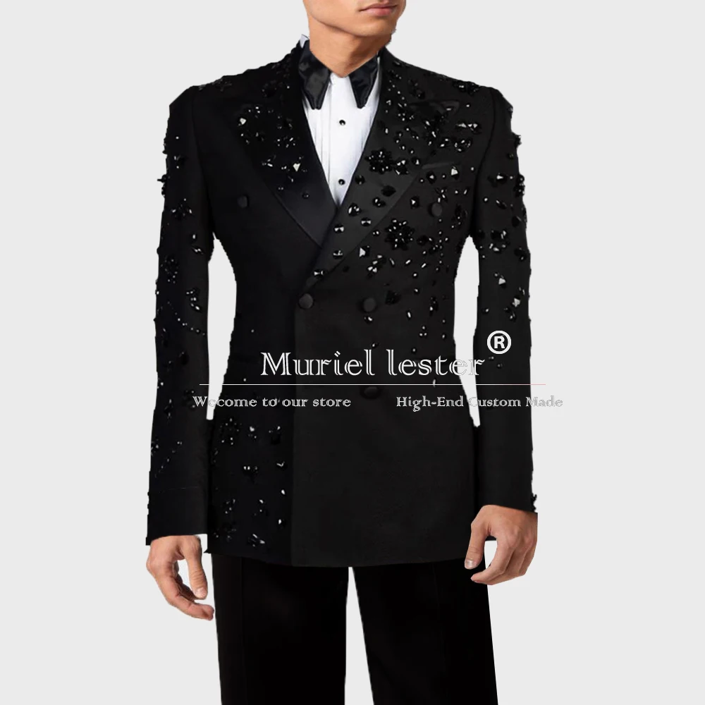 

Luxury Men's Suits Jewel Beading Peak Lapel Groom Prom Blazer Formal Tuxedos Banquet Evening Party Double Brasted Jacket Pants