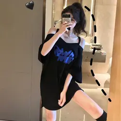 Sexy Hollow Out Loose T Shirts Summer New Short Sleeve Off Shoulder Letter Print Fashion Tops Tees Trend Casual Women Clothing