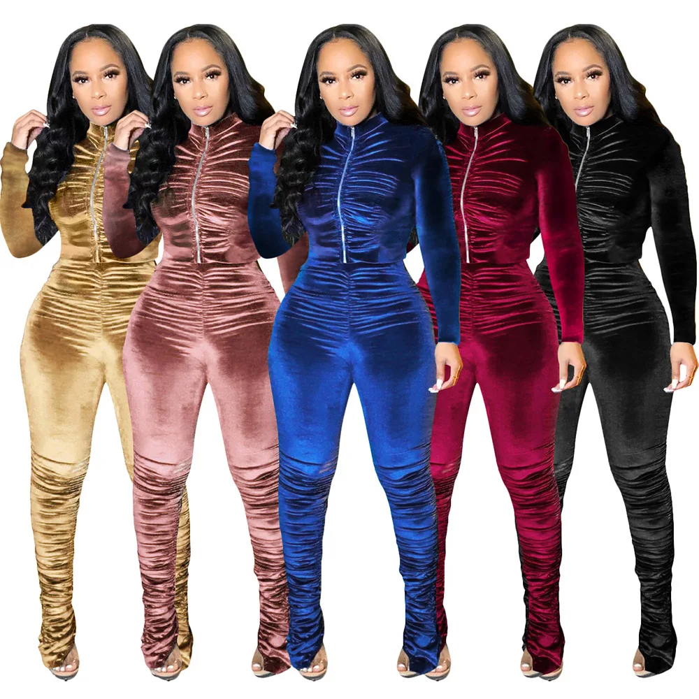 

Autumn Fahsion Casual Women's Set Zipper Hoodies Ruched Pants Set Sport Tracksuit Two Piece Outfit Active Sweatsuit Black Gold