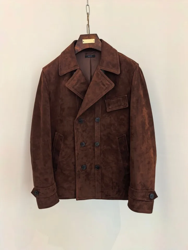 TF Men Suede Leather Jacket 2026 New Turn Down Collar Double Breasted Workwear Style Mid Long Coat
