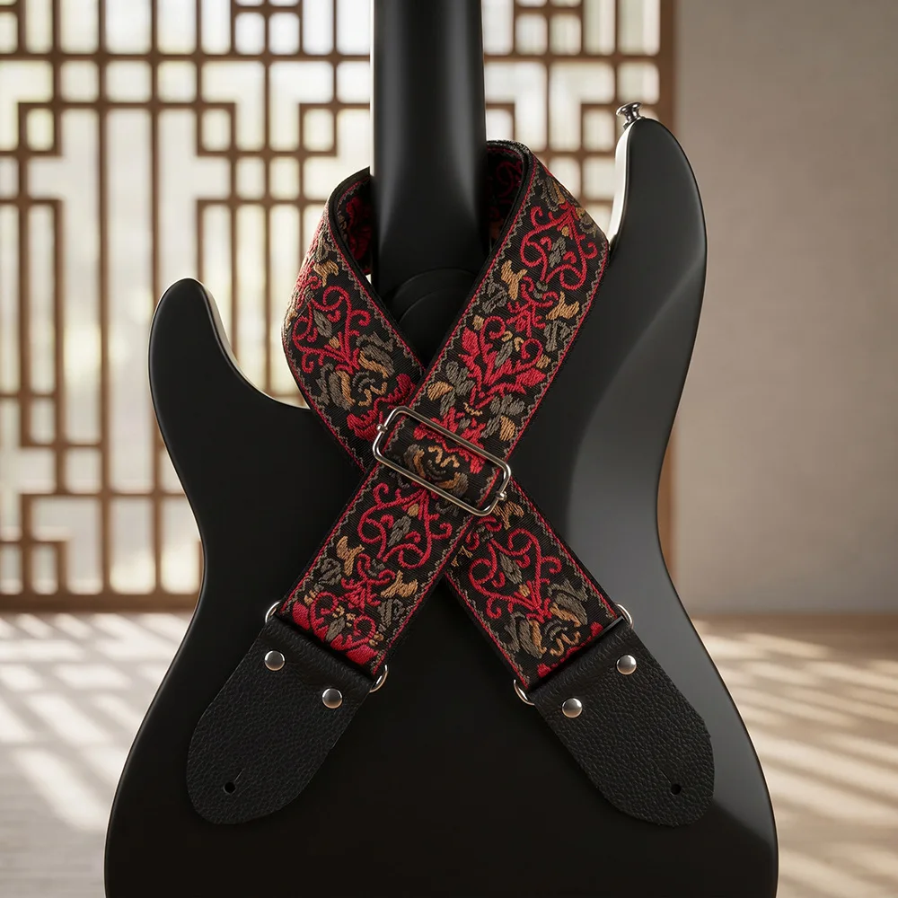Bohemian Style Embroidered Printed Adjustable Shoulder Strap, Leather Head Suitable for Folk Electric Guitar Bass Ukulele Guitar
