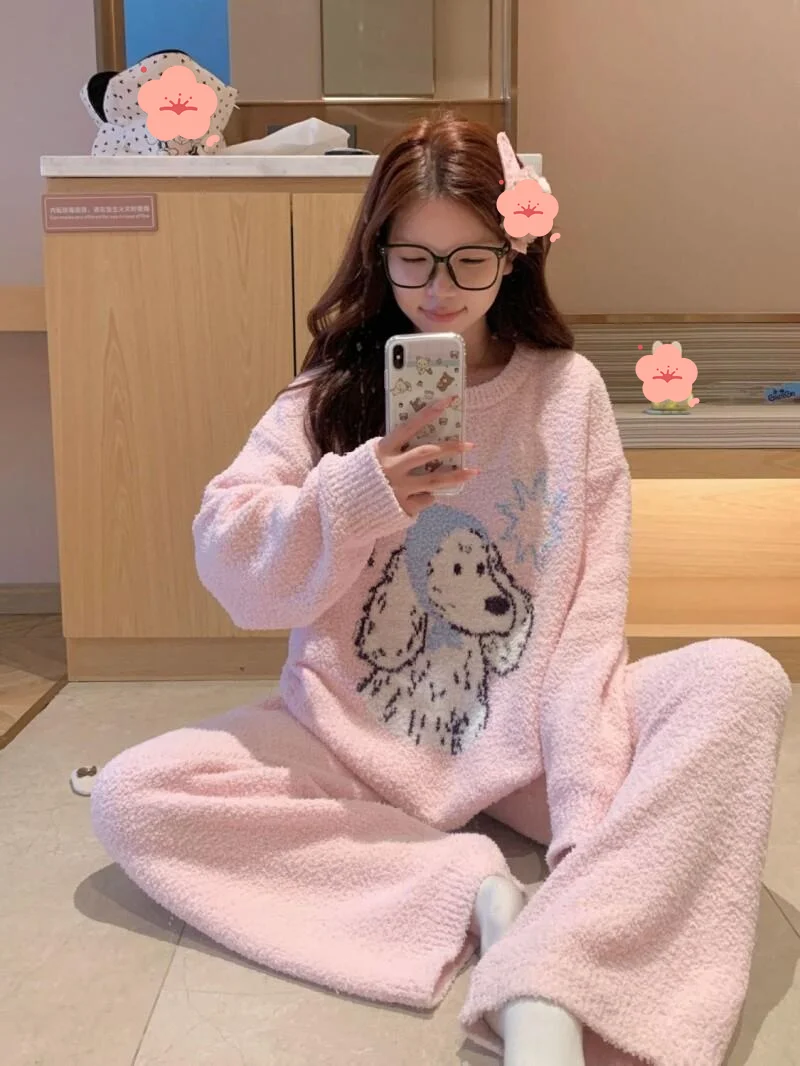 half-pile Women's pajamas fleece-lined pink Comfortable Sleepwear cartoon puppy sweet girl Cotton Pajama Set homewear suit ﻿