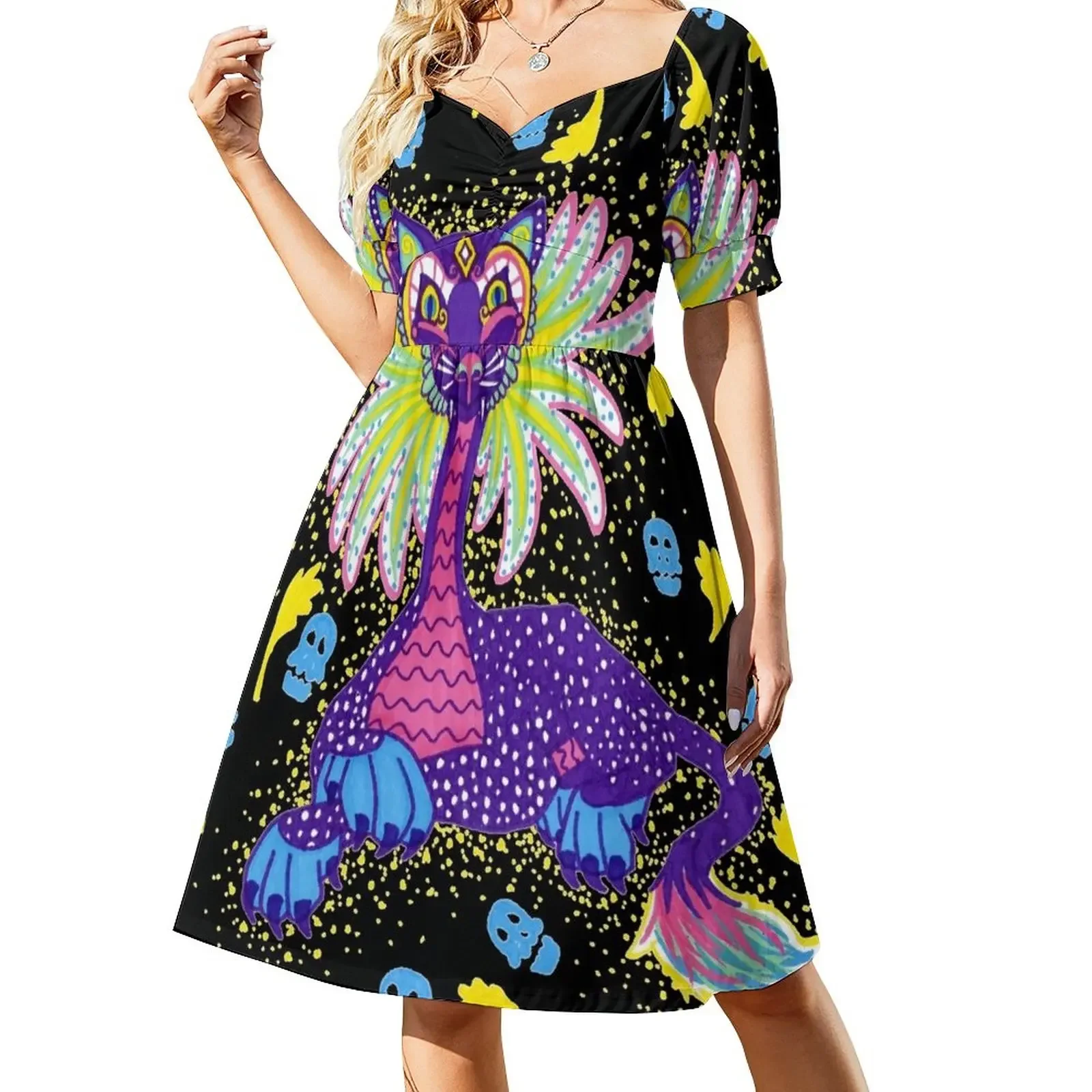 

Mexican Alebrije Dia De Los Muertos Day of the Dead Big Cat Spirit Animal Short-Sleeved Dress Dress for girls