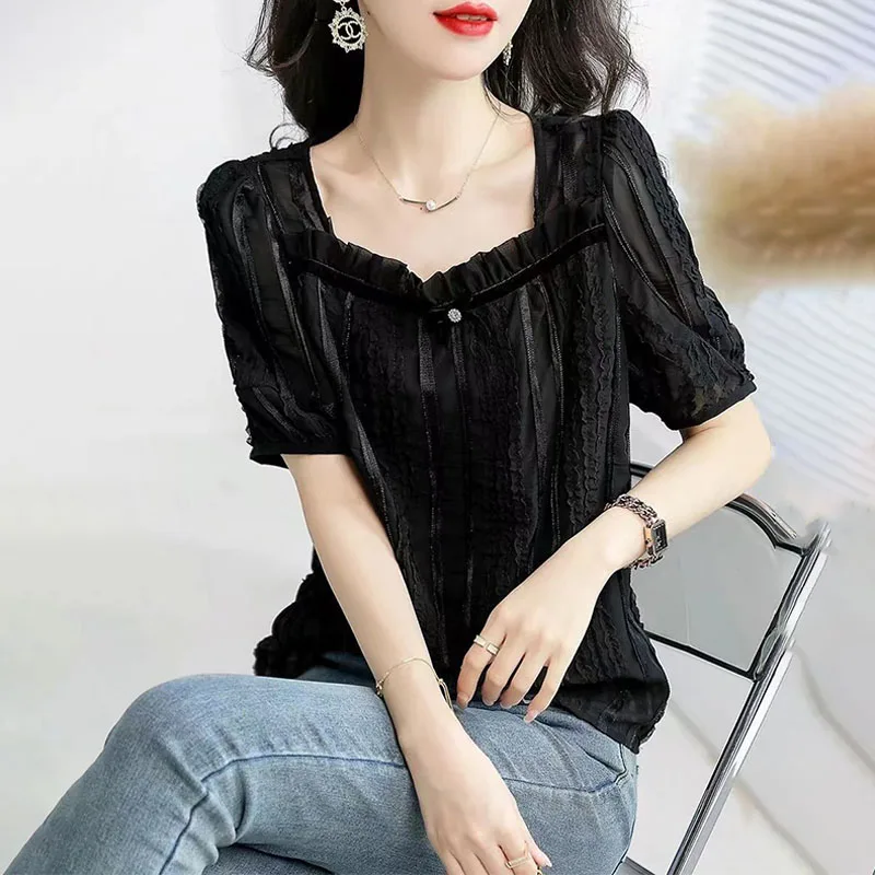 Fashion Women\'s Elegant Blouse Korean Square Collar Bow Lace Cut Spliced Shirt Summer New All-match Short Sleeve Tops for Female