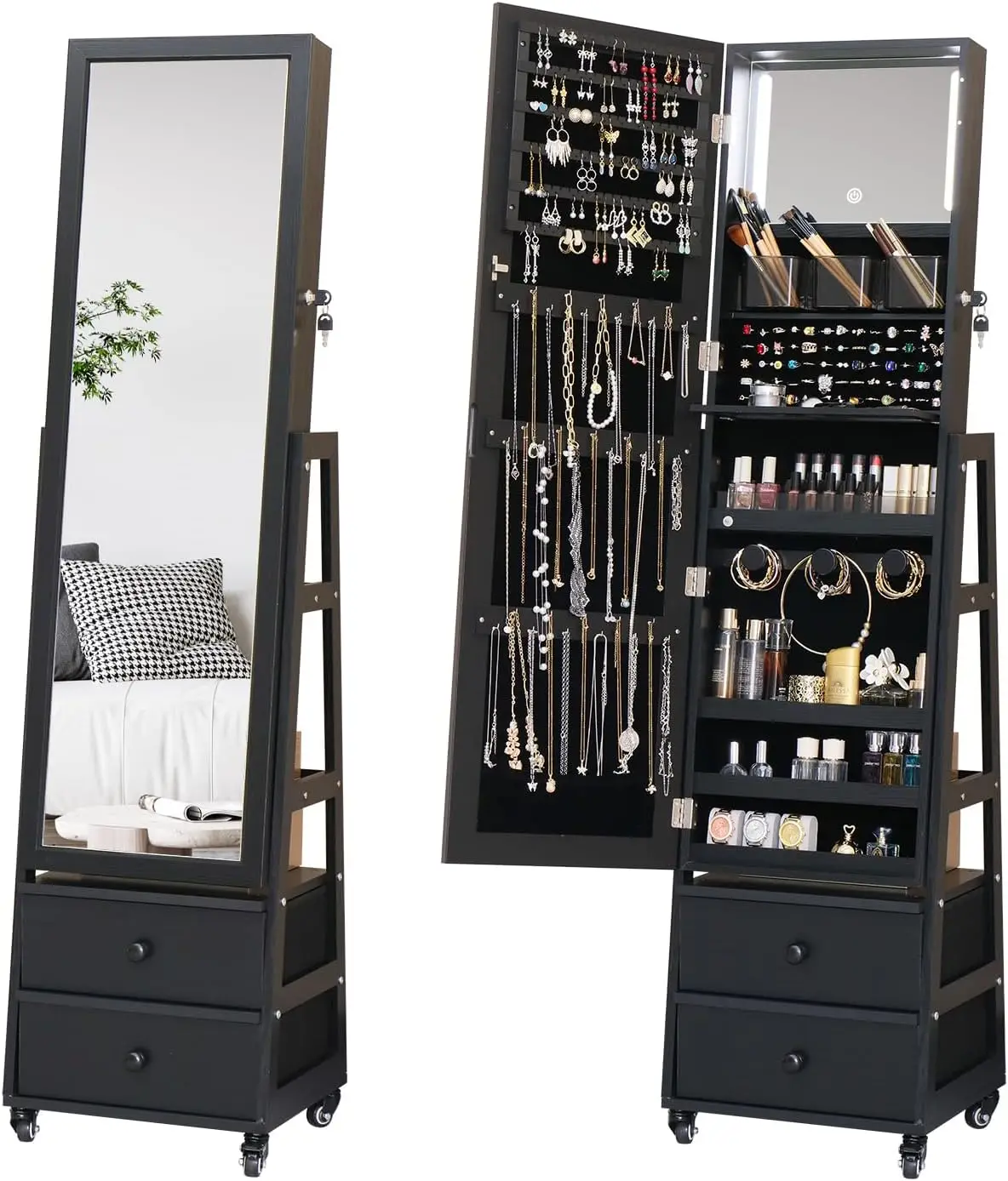 Cabinet with Standing Mirror Lockable Full Length Mirror with Drawers Jewelry Organizer Armoire with Wheels,Floor Mirror with Ba