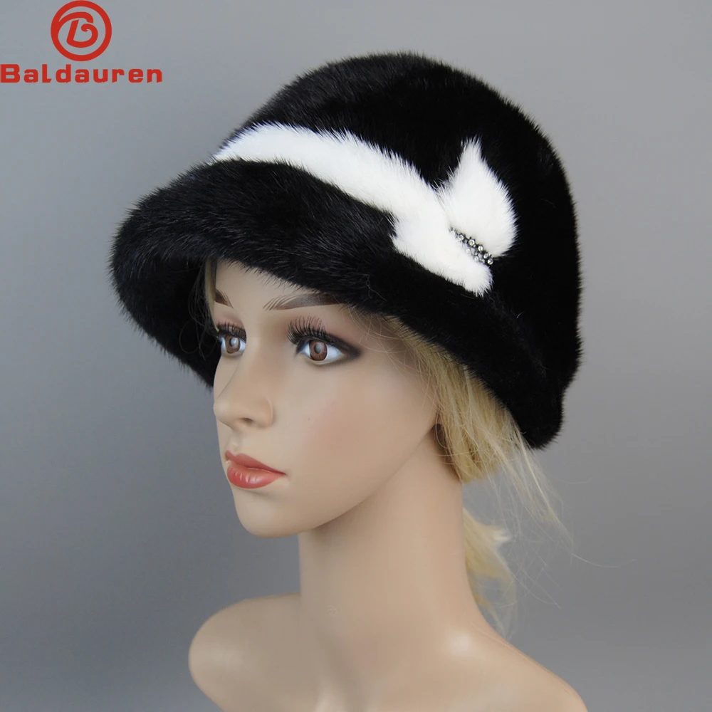 2024 Woman Winter Solid Mink Caps With Fashion arrow Natural Mink Fur Hats New Russian Girl Soft Knitting Real Fur Bucket Hats