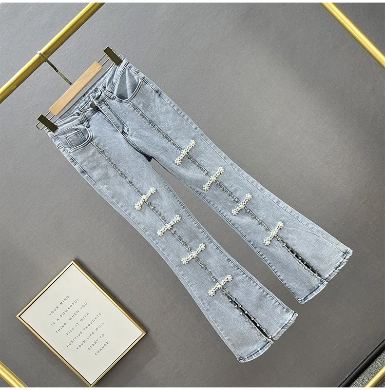 Pantalones acampanados de mezclilla con punta dividida para mujer, pantalones vaqueros ajustados de cintura alta con cuentas de diamantes, ropa