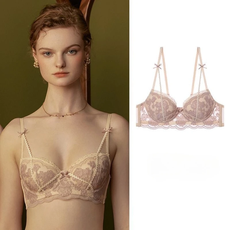 Women's Elegant Delicate Lace Push Up Soft Cup Bra With Decorative Bow Adjustable Straps Comfortable Daily Lingerie Underwear