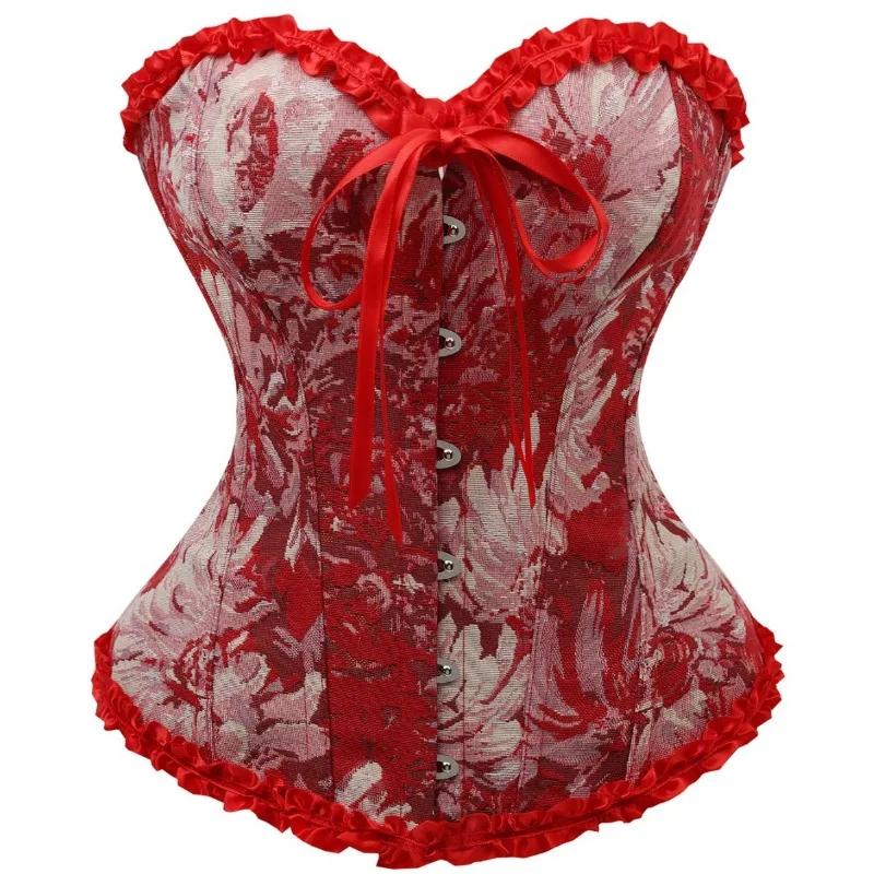 top-feminino-sexy-com-estampa-floral-em-brocado-corpete-com-amarracao-laco-e-barbatanas
