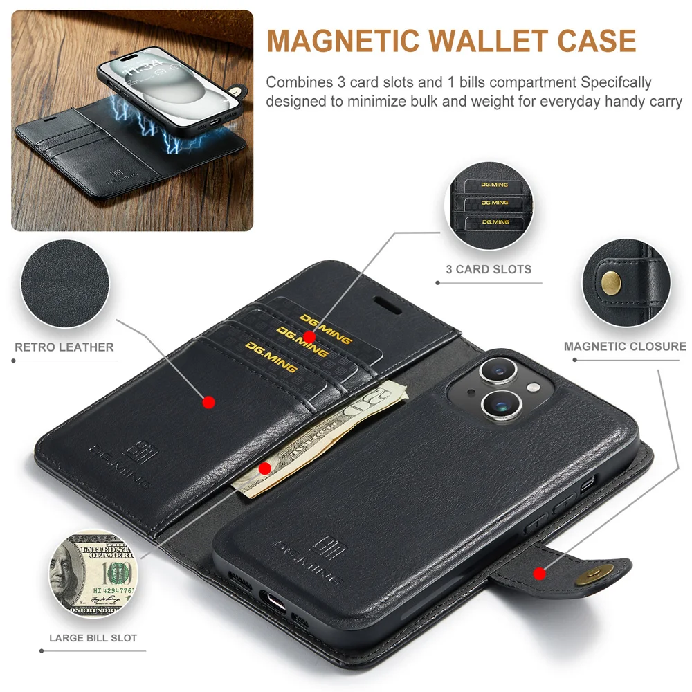 2 in 1 Magnetic Detachable Flip Leather Wallet Phone Case for IPhone 15 14 13 12 11 Pro Max Plus XS XR X Card Holder Cover Coque