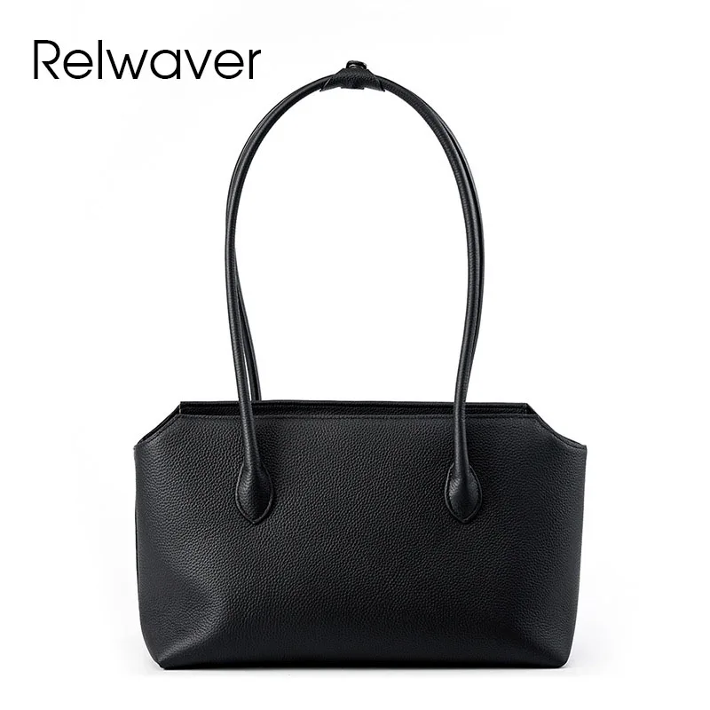 

Relwaver women shoulder bag genuine leather tote bag black big capacity commuting ladies handbag brief long women bag