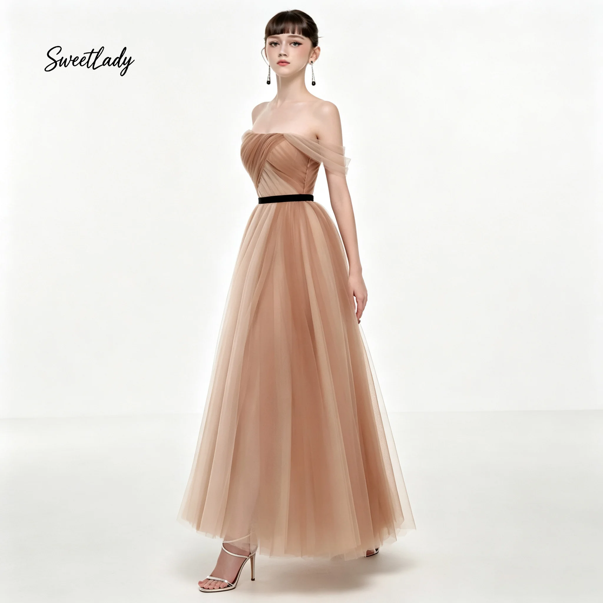 SweetLady Gradient Mocha Off Shoulder Tulle Midi Dress Crisscross Bodice Black Belt A Line Fairy Wedding Bridesmaid Formal Gown