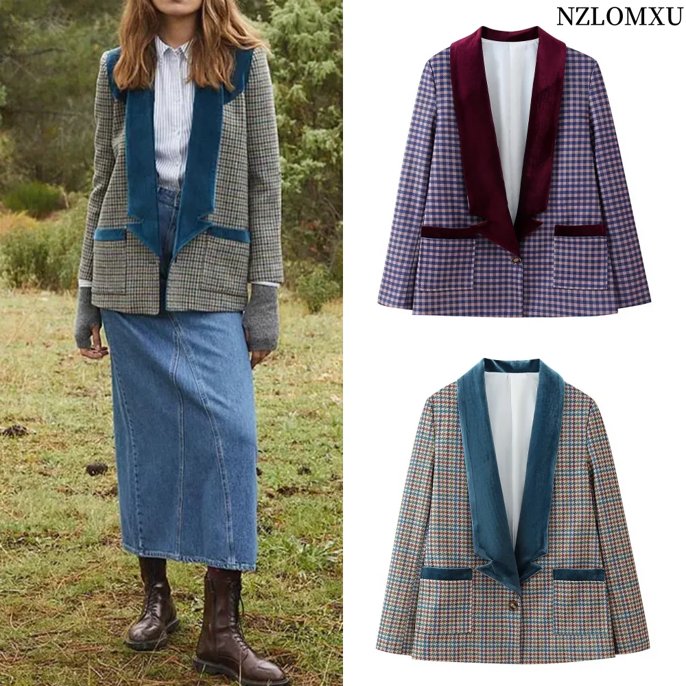 Vintage Plaid Contrast Spliced Women Coats Fashion Lapel Long Sleeve Buttons Cardigan Jacket Causal Chic Female Street Outwear