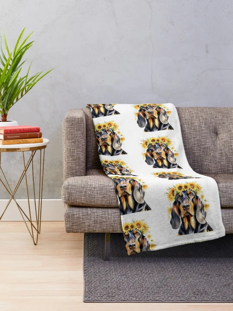 Black And Tan Coonhound Wearing Sunflower Crown Throw Blanket Soft Big christmas gifts Stuffeds Blankets