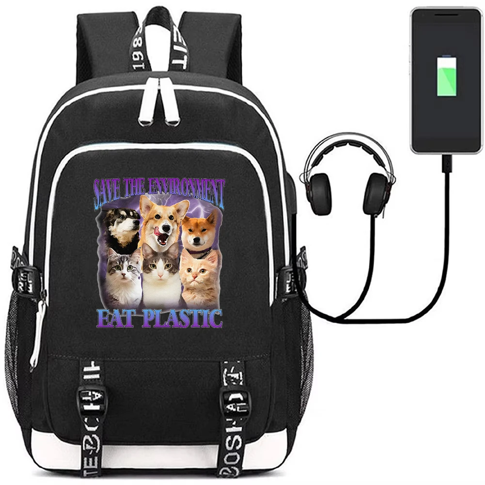 Save The Environment Eat Plastic Backpack with USB Charging Port Cute Cat Bookbag Funny Meme Laptop Bag for Students Mochila