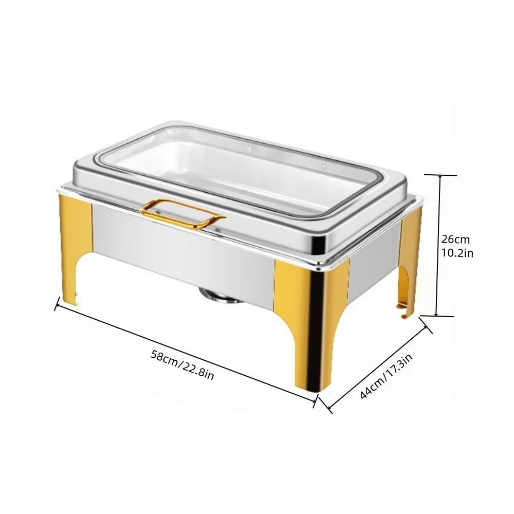 Chafing Dishes, Half gold-plated,9.5QT, High-footed Square Stainless Steel Chafing Dish with Transparent Hydraulic Lid