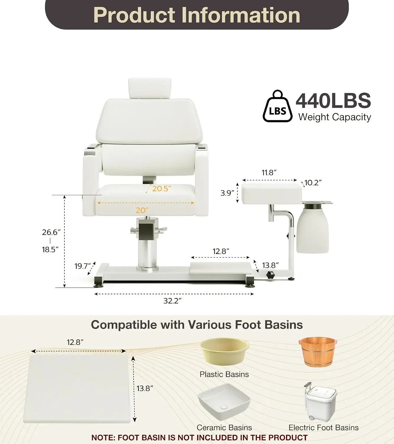 Hydraulic Pedicure Chair No Plumbing for Nail Tech with Foot Spa & Stool, Upgraded Adjustable Pedicure Unit Footrest with Dust C