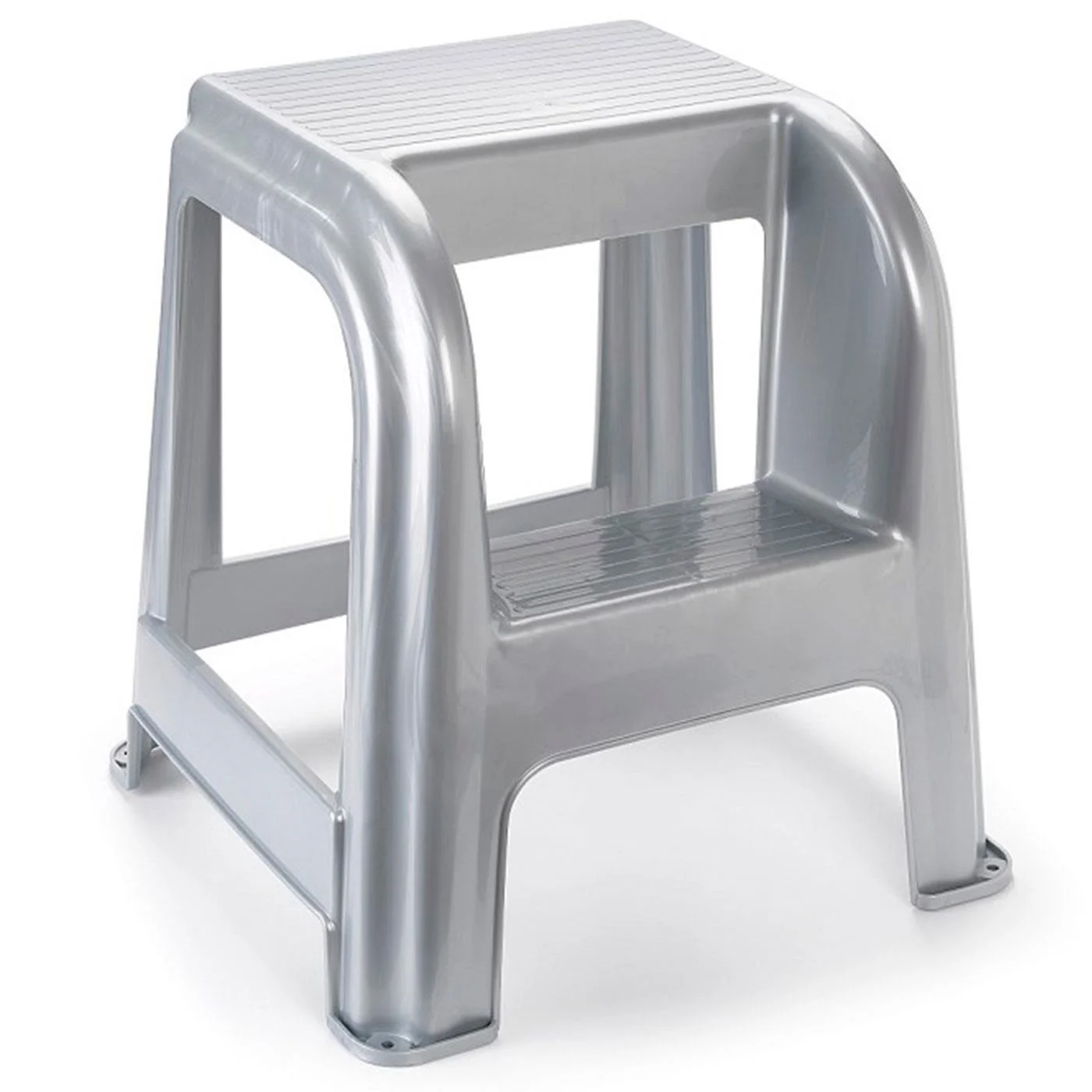 Tradineur Silver Grey Plastic Stool with Step 45.5x44.2x42 cm, Bench, Chair, Lightweight Two-Step Stair, Home