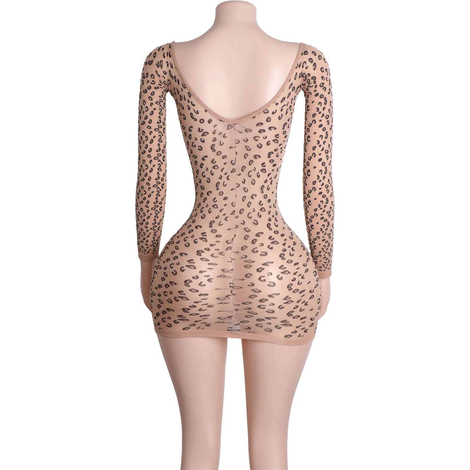 エキゾチックダンスウェア レオパード柄 ボディスーツ ディープVネック 長袖 クラブ パフォーマンス衣装 ストリッパー コスチューム タイトジャンプスーツ