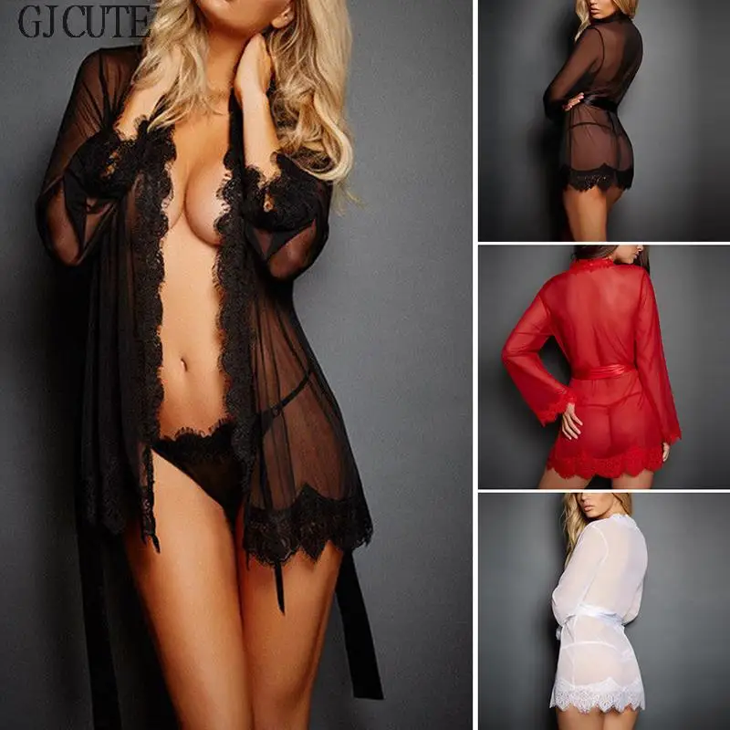 Sexy Lingerie Women Sleepwear Lace Dress Nightwear Sexy Sissy 2PCS Mini Robe Babydoll+G-String Thong Underwear Night Gown