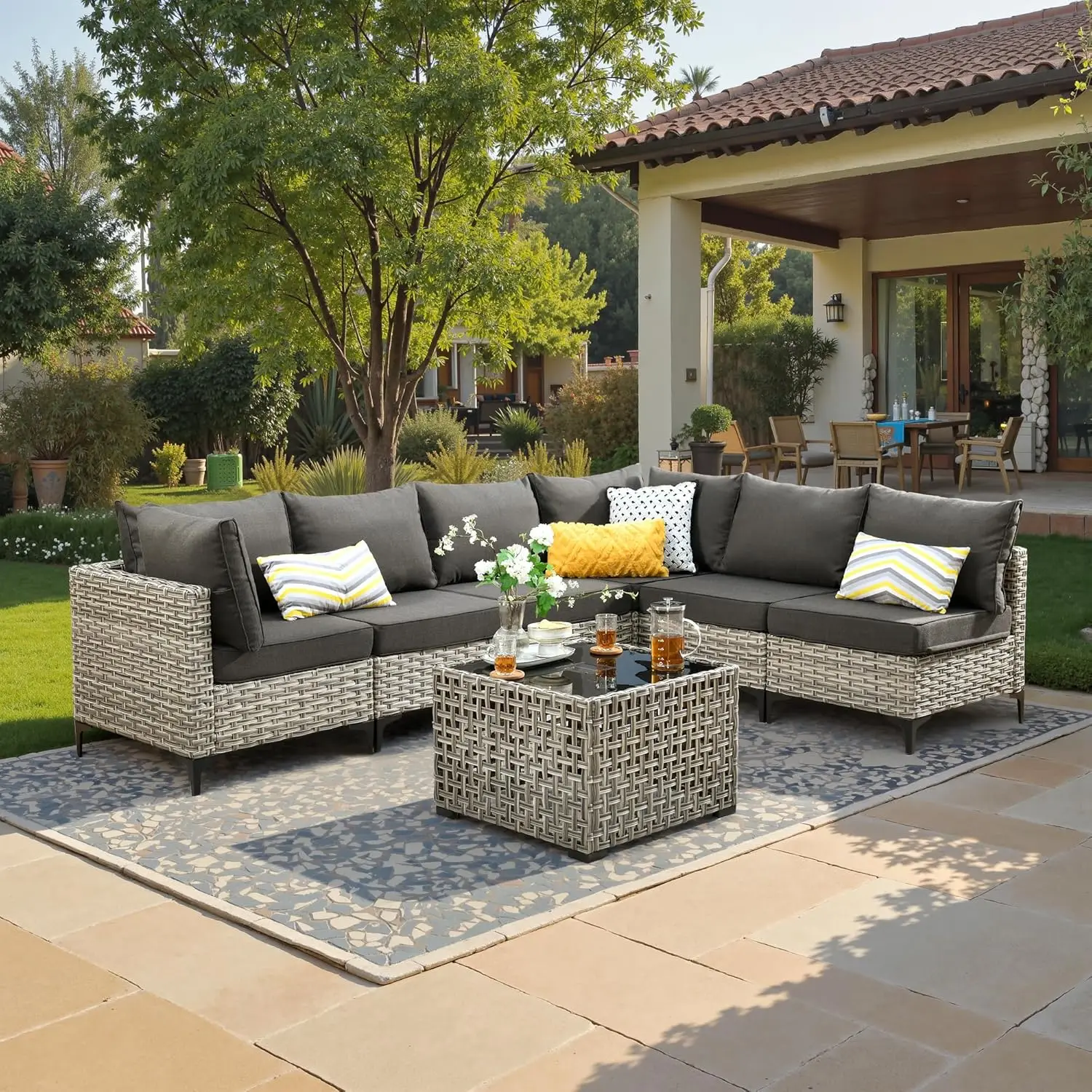 

Комплект из 7 светящихся предметов мебели для патио: диван, секционные кресла, стулья для веранды, балкона, двора, бассейна, черный, на заказ