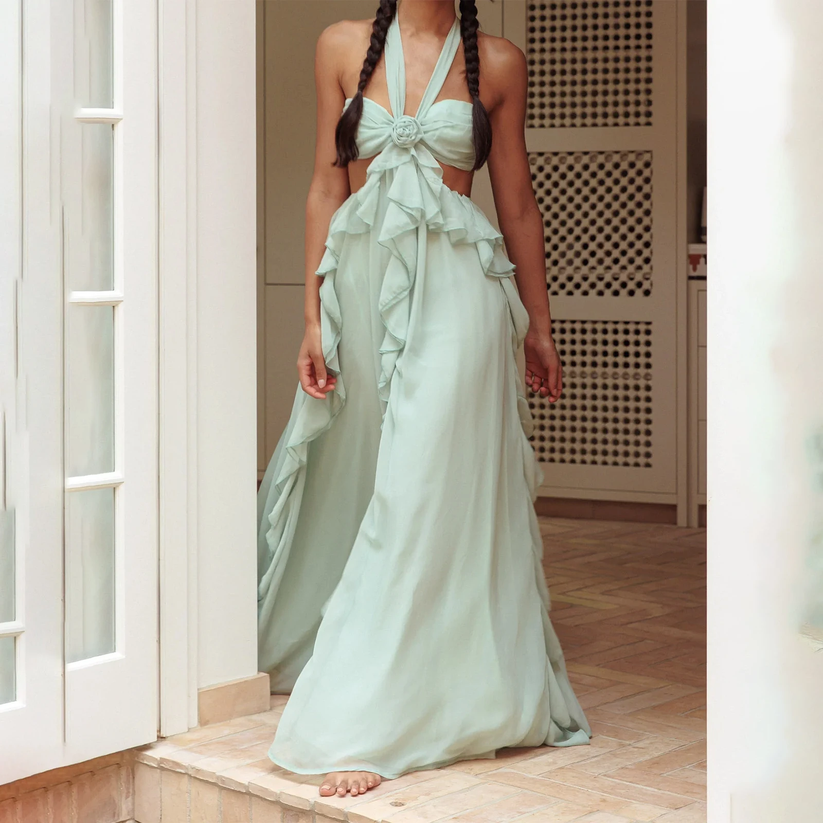 สตรี Boho ชุด Maxi เซ็กซี่ y2k Fairycore Backless Tie กลับ Cutout Ruffles Flowy ชุดยาว Strapless Beach Party Sundress