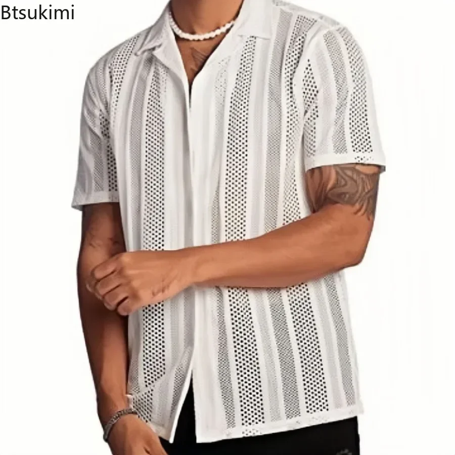 2026 Men's Hollow Out Shirt Casual Mesh Knitted Short Sleeve Shirt Tops Trend Streetwear Male Transparent Lapel Cardigan Camisas