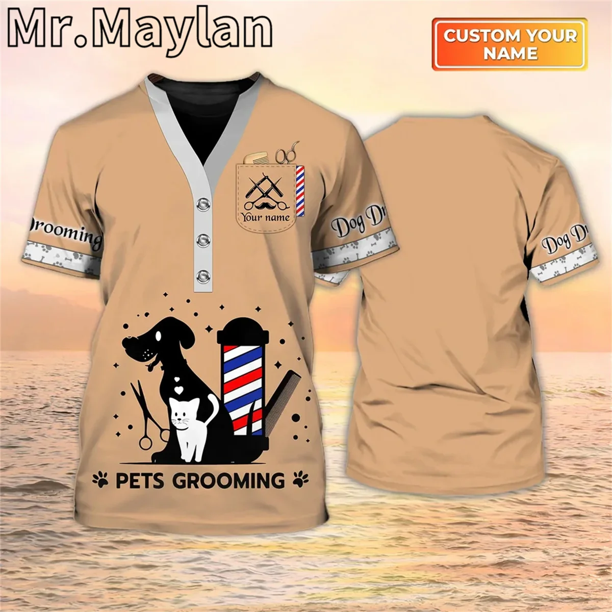 Pet Groomer Uniform For Salon Pet Personalized Name 3D All Over Printed Tshirt Men/Women for Dog Groomer Tee Shirt Unisex Tops