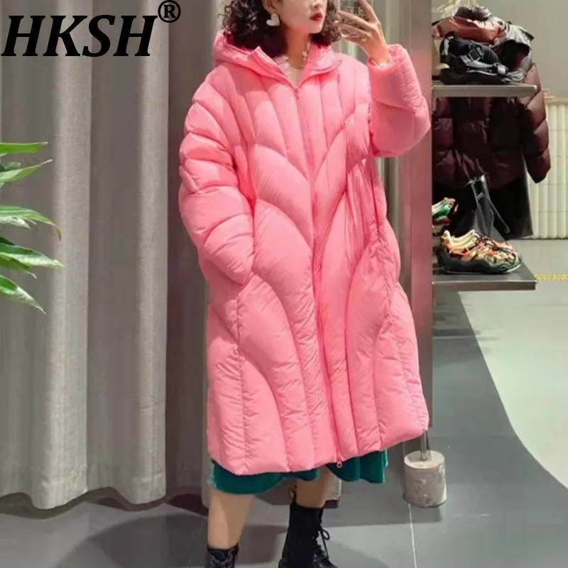 

HKSH 2025 Winter New Women's Long Down Coat Hooded Solid Color Zipper Versatile Elegant Trendy Casual Warm Padded Jacket HK14193