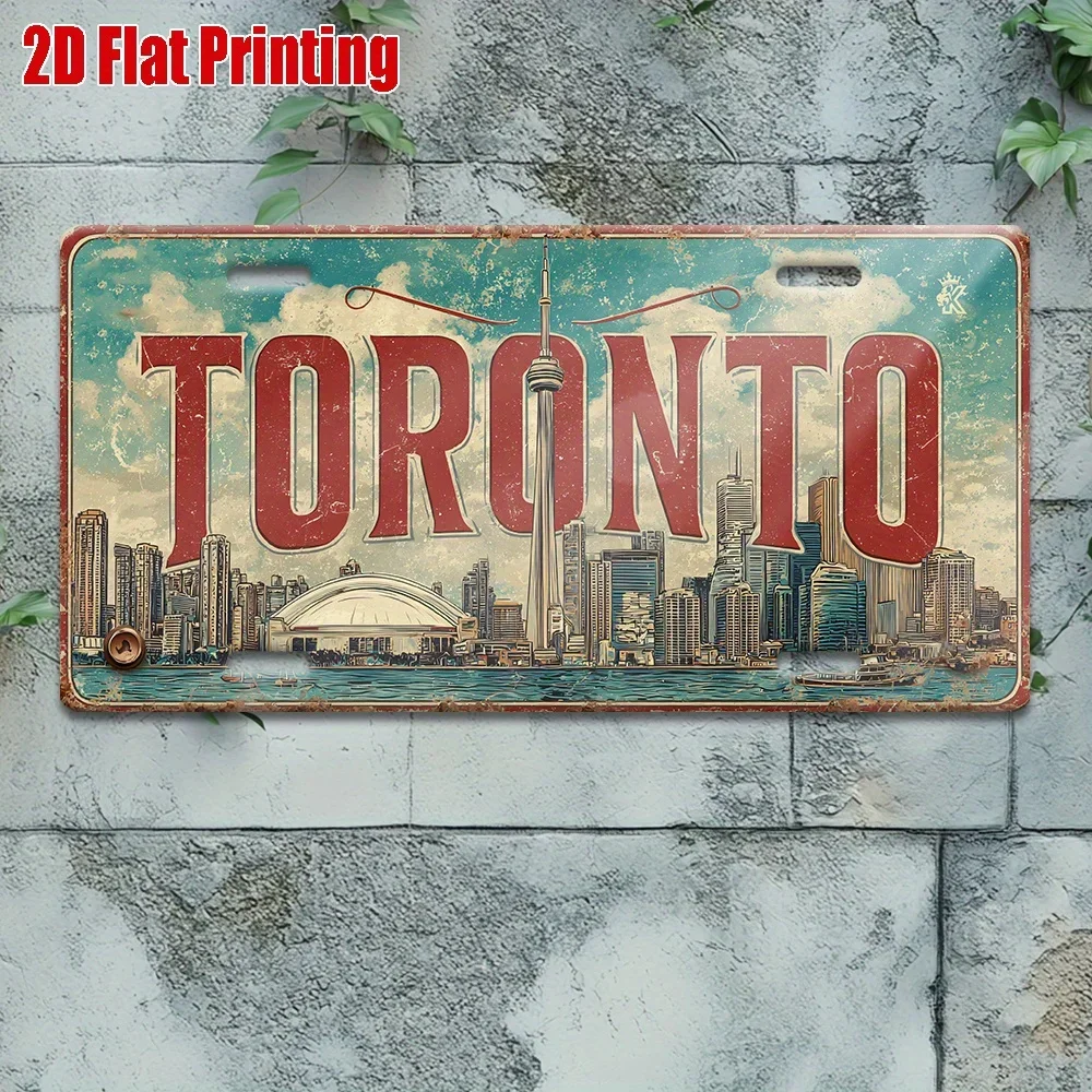 Toronto Metal License Plate - Vintage Retro Toronto Skyline Wall Decor with Red Lettering - Heavy-Duty Aluminum Sign for Garag