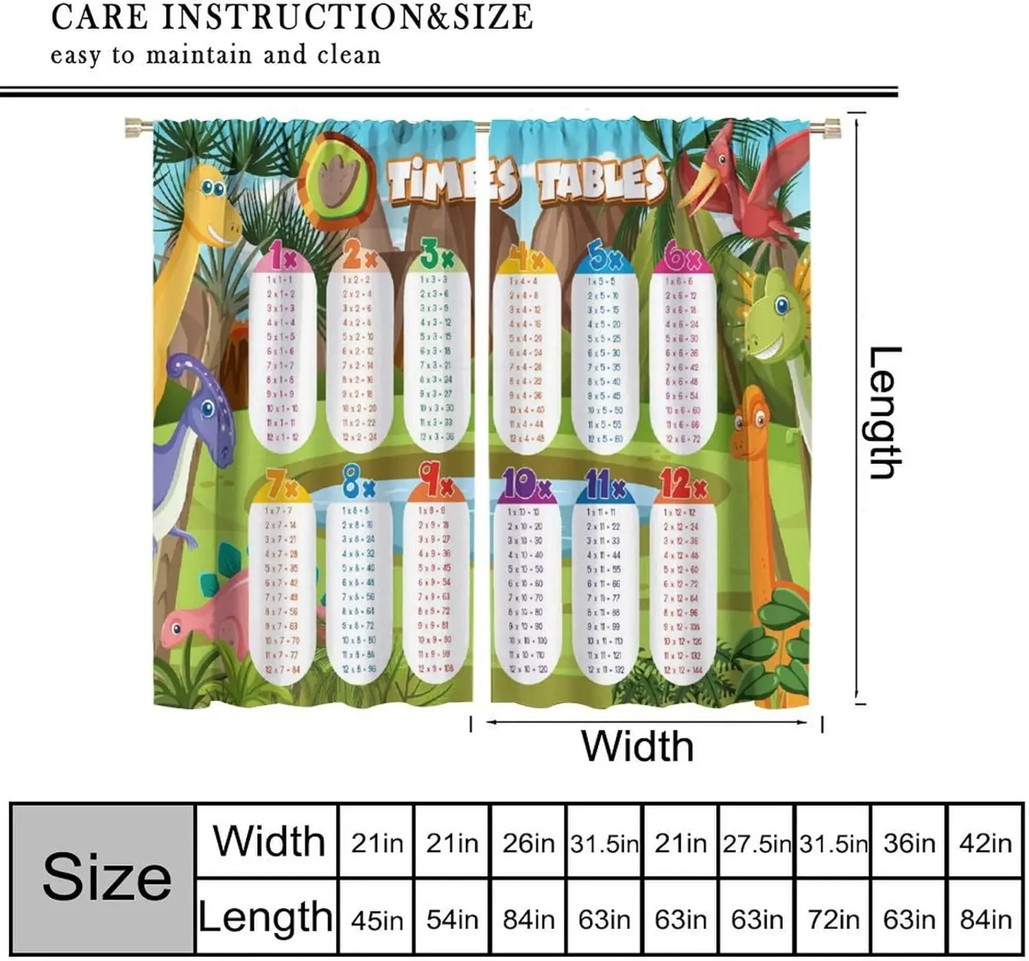 Colorful Cartoon Dinosaur Curtains, Educational Math Print, Rod Pocket Drapes for Kids Bedroom Classroom Home Decor