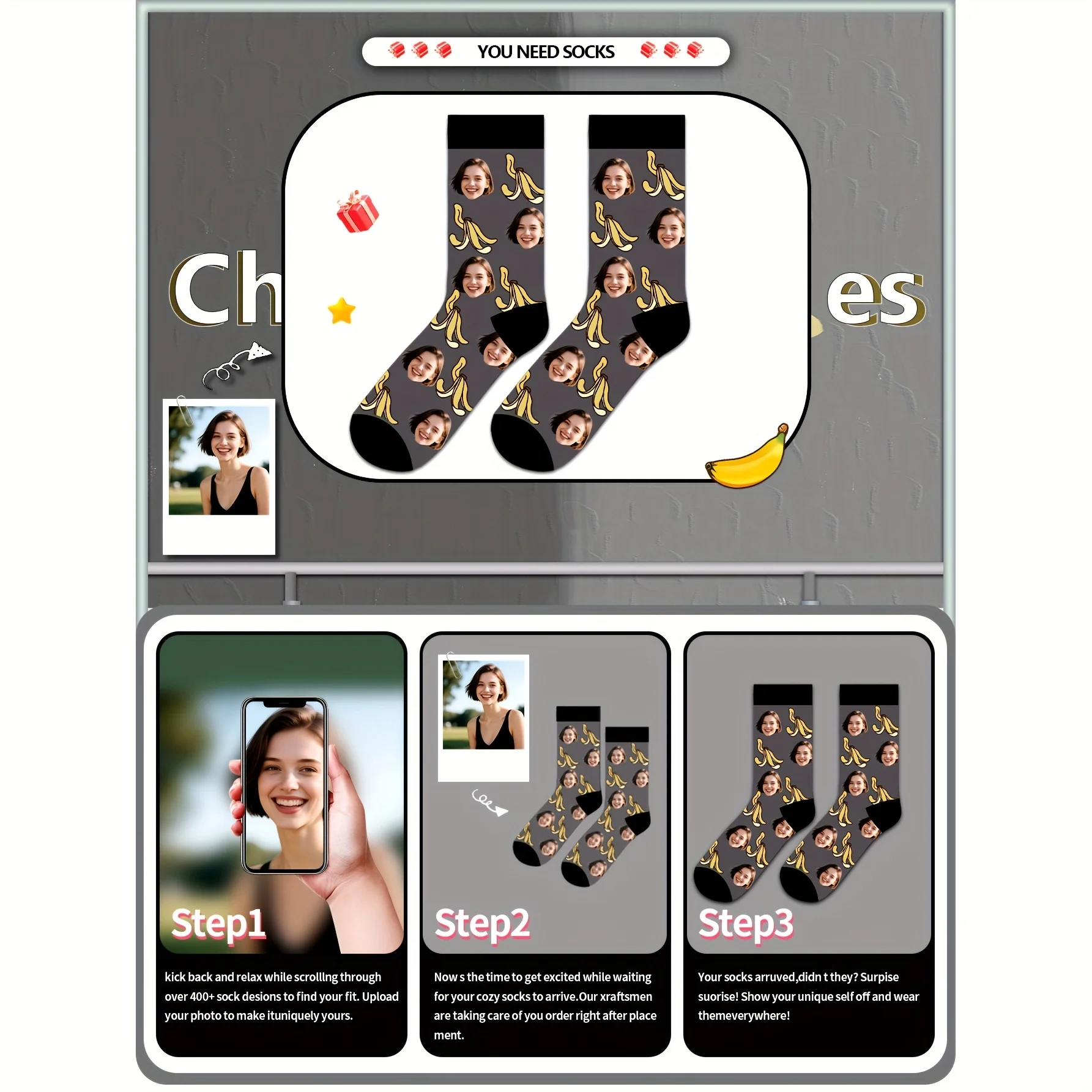 1 pair of customized photo face women's mid tube socks - can personalize any image, fun anime cartoon design, rich and colorful view 2