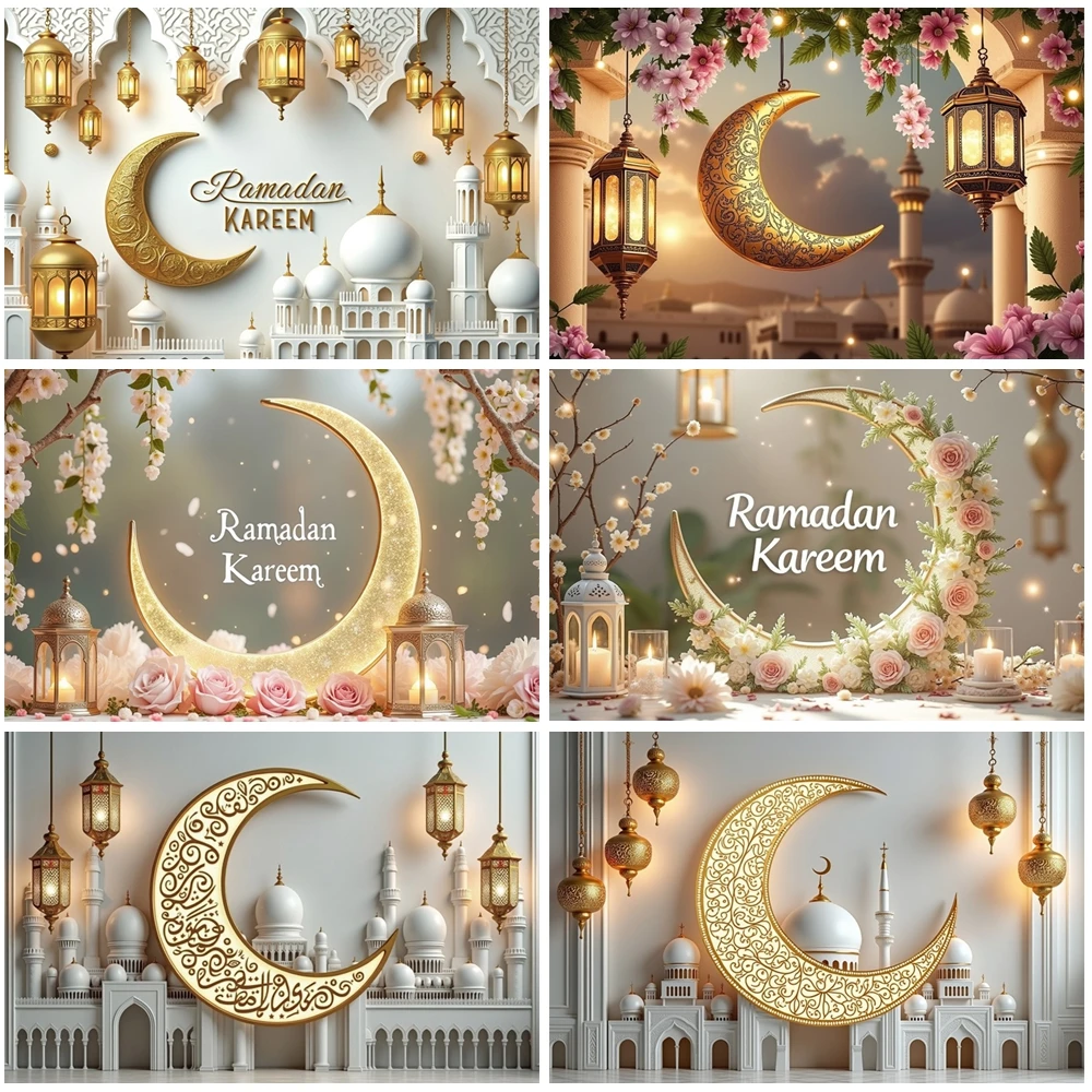 

MOON.QG Ramadan Mubarak Photographic Background Arch Lighting White Mosque Backdrop Photozone Decoration Accessories Wallpaper