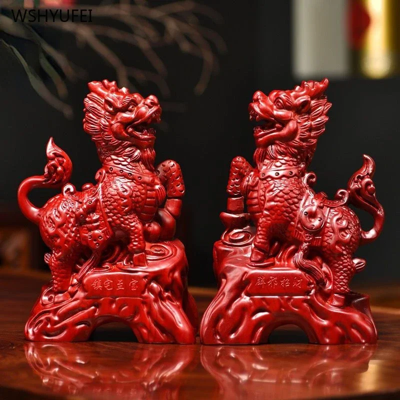 2PCS Solid Wood Carving Simulated Kirin Decoration Office Crafts Housewarming Sculpture Attract Wealth FENG SHUI Home Decor