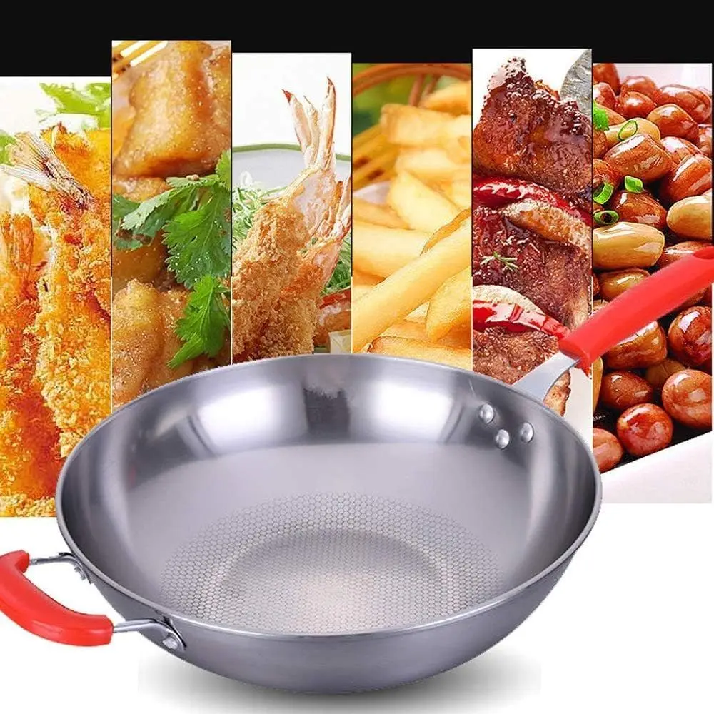 Non-Stick Stainless Steel Wok, 34cm Diameter, Smokeless Cooking, No Oil Needed
