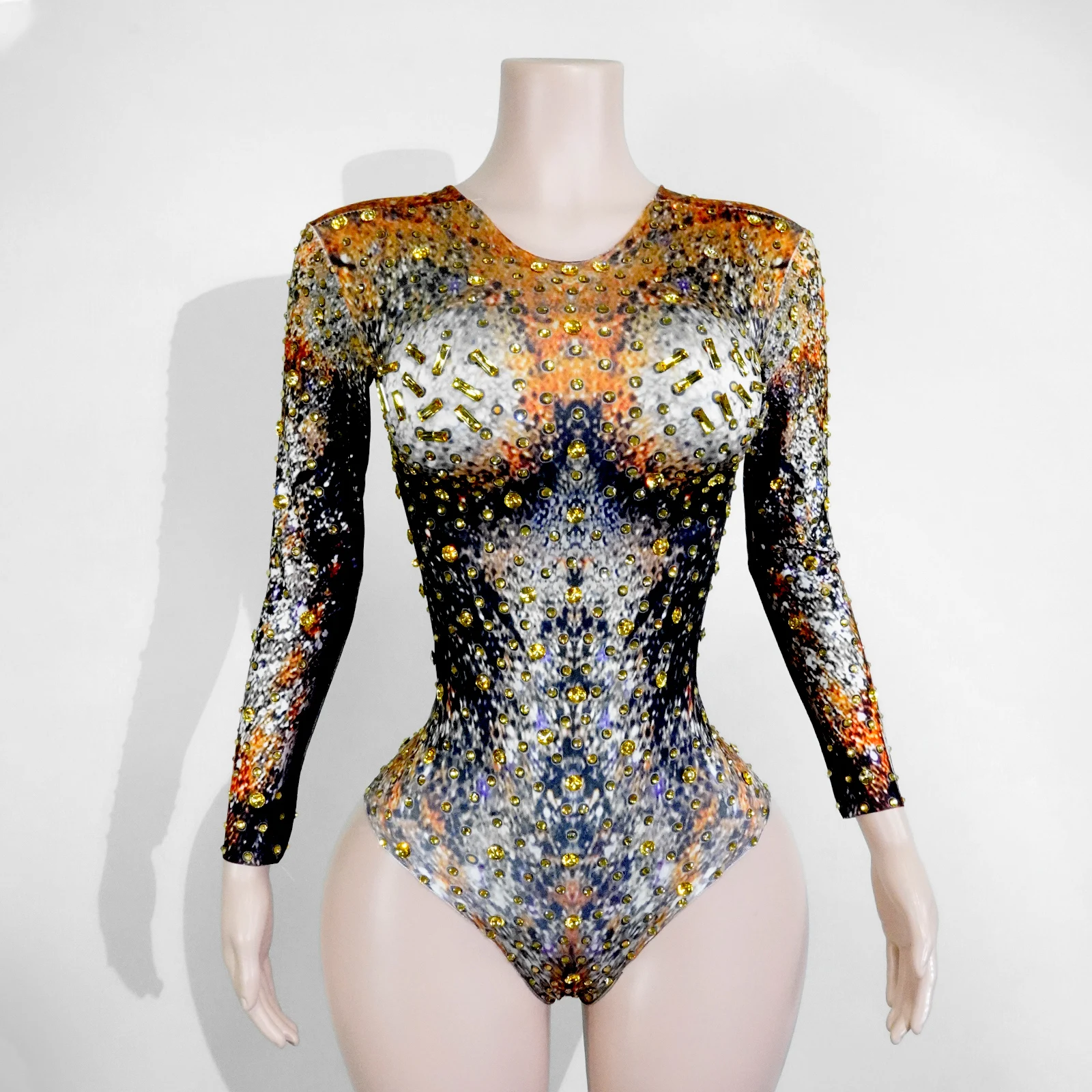 

New Color Gradient Gilded Water Diamond Decorated Longsleeved Tight Stage Jumpsuit Birthday Party Nightclub Dj Drag Queen Outfit