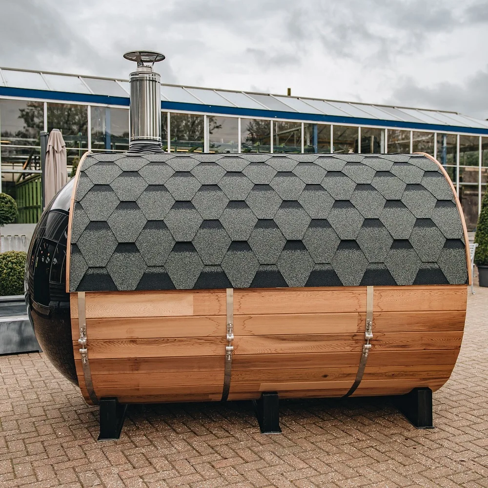 Outdoor barrel traditional steam cedar wood sauna with wood burning stove