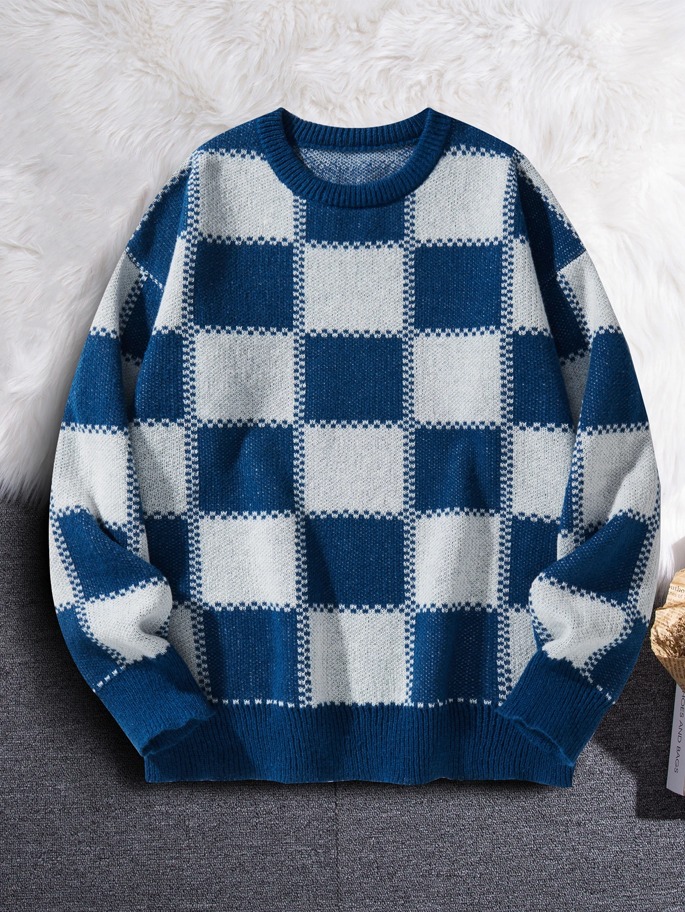 Retro Trendy Plaid Jacquard Pattern Pullover Sweater Casual Round Neck Color-Block Knit Men's Pullover