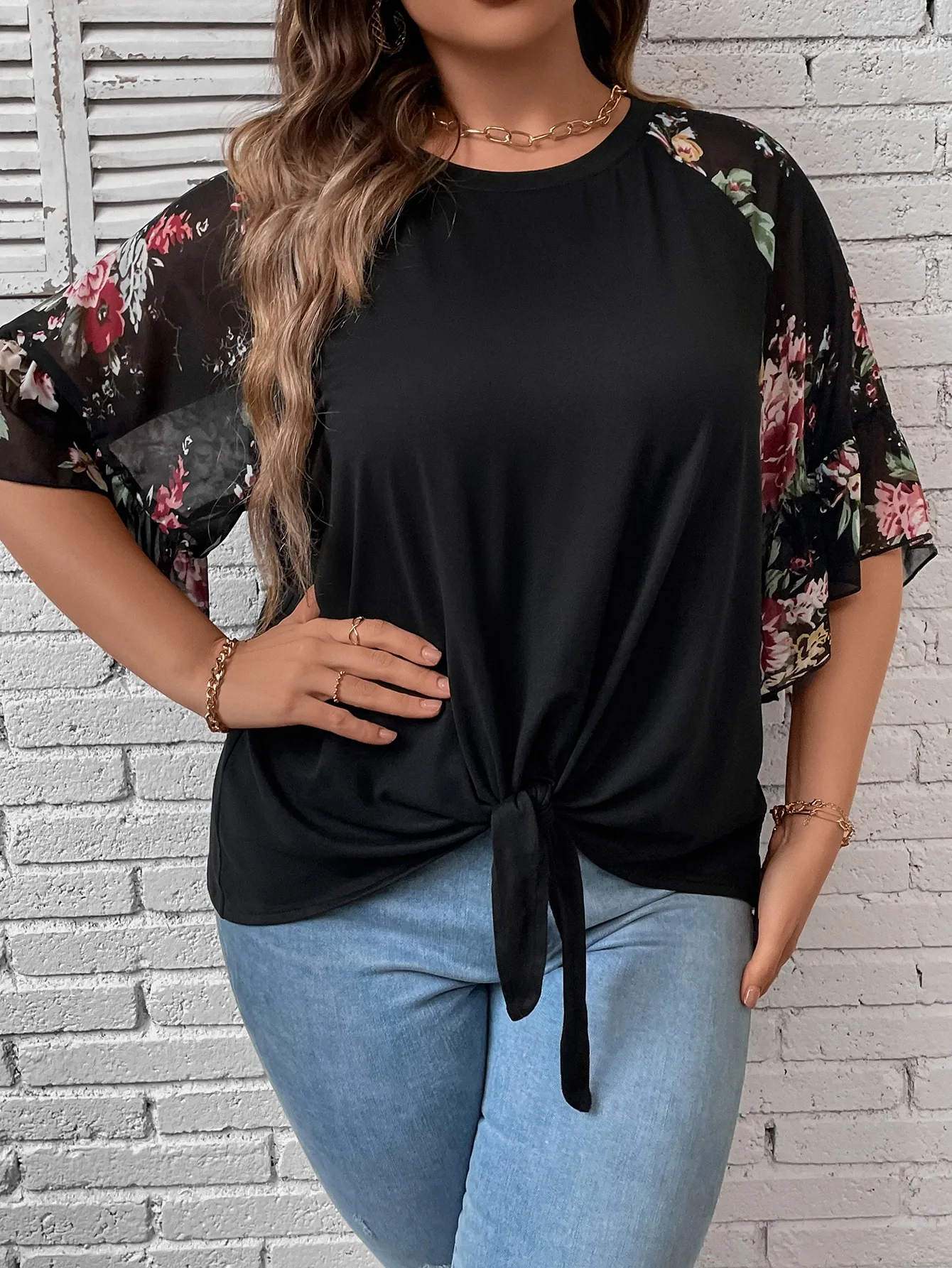 Women's Plus Size Floral Print Blouse, Casual Sheer Mesh Flare Sleeve Knot Front T-Shirt, Round Neck Loose Summer Top For Ladies view 5