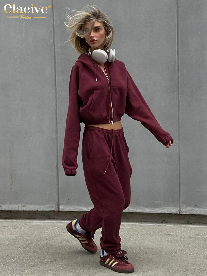 Clacive Winter Loose Red Women\'s Two Pieces Set 2024 Fashion Long Sleeve Shirt With Mid Waist Sweatpants Set Female Streetwear