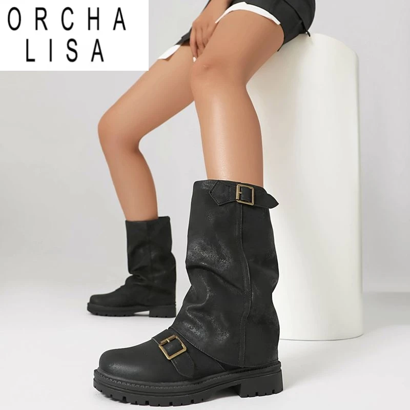 

ORCHA LISA Women Mid Calf Boots Round Toe Thick Heels 3.5cm Platform 2cm Slip On Size 47 48 Leisure Daily Bota