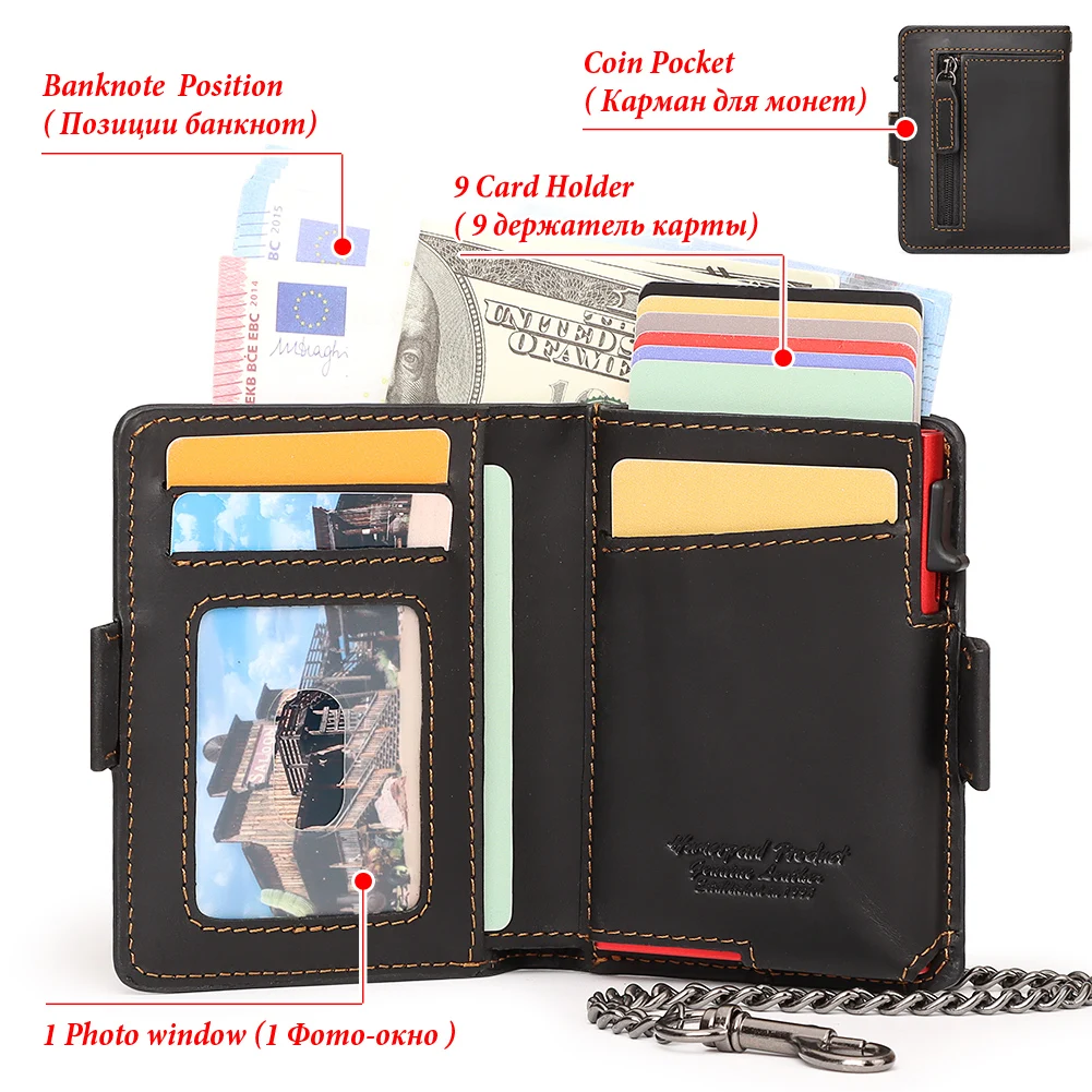 New Fashion Pop-up Card Holder Crazy Horse Leather AirTag Wallet for Women RFID Blocking Metal Cardcase with Anti-theft Chain