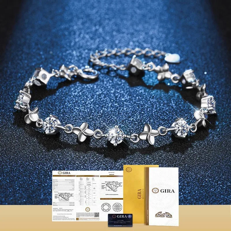 S925 Silver Rhodium Plated 8-Stone Clover Moissanite Bracelet for Women, GRA Certified Fine Jewelry Gift Valentine's Day gift