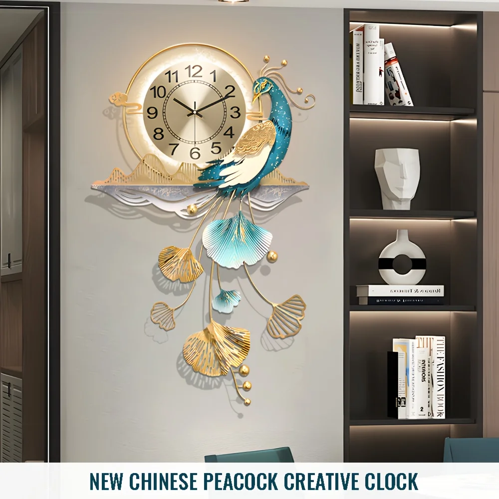 Large Peacock-Themed LED Wall Clock – 32.2 x 19.6 Inches Metal Decorative Clock with Silent Quartz Movement, Ideal for Living Ro view 6
