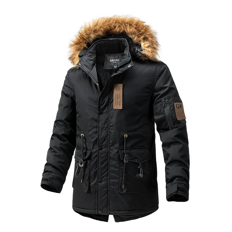 Парка мужская зимняя, утепленная куртка-карго, флисовое пальто, модная повседневная верхняя одежда, цвет хаки, черный