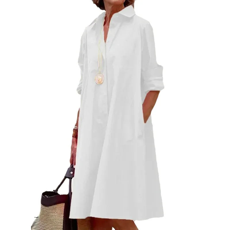 Długie sukienki damskie, sukienka koszulowa, zapinana na guziki, kołnierzyk wykładany, codzienna sukienka maxi, fason litery A, sukienka biurowa, jesień 2025, Vestidos