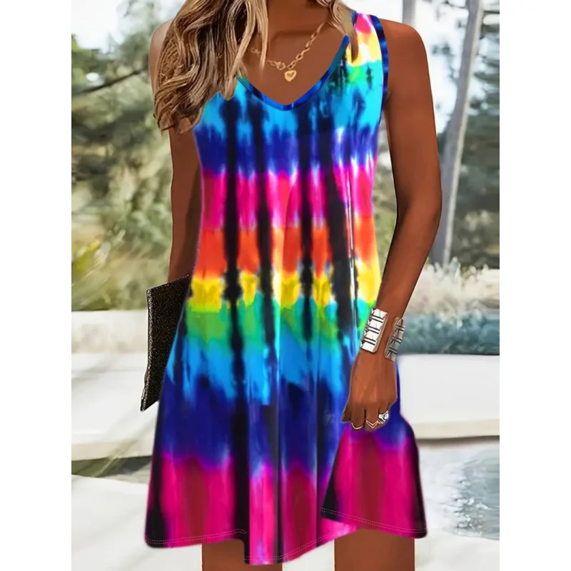 여름 패션 코코넛 나무 프린트 컬러 블록 캐주얼 V넥 민소매 포켓 디자인 일상 휴가 미니 드레스