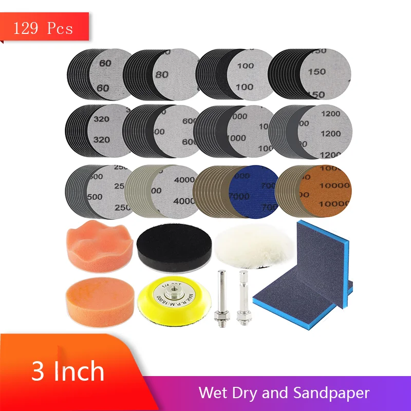 

3 Inch Wet Dry and Sandpaper 129 Pcs with 1/4" Shank Backer Plate and Sanding Sponge and Soft Foam Buffering Pad for Polishing