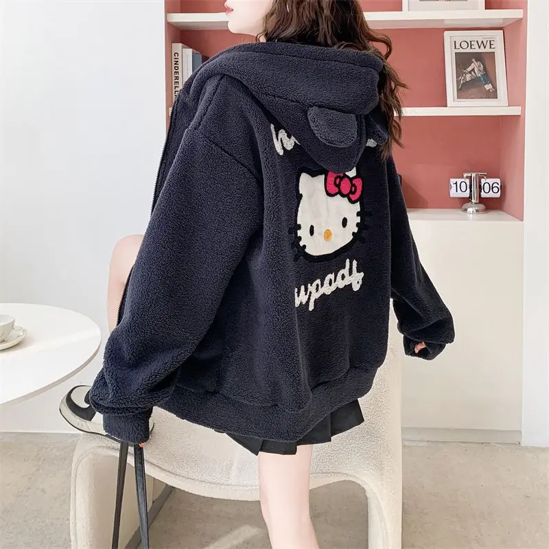 

Kawaii Hello Kitty Fleece Lamb Velvet Cardigan Zip-up Hooded Sweater Girl Jacket Thicken Warm Soft Plush Coat for Autumn Winter